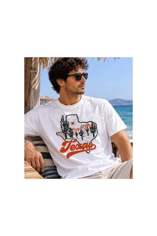 Qmen Style Unisex Basic Baskılı T-shirt Texsas %100 Pamuk Beyaz