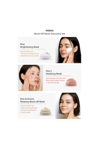 Nemlendirici Aydınlatıcı & Peeling Etkili 3lü Krem Maske Seti Mıdha Rice Wash Off Mask Discovery Set