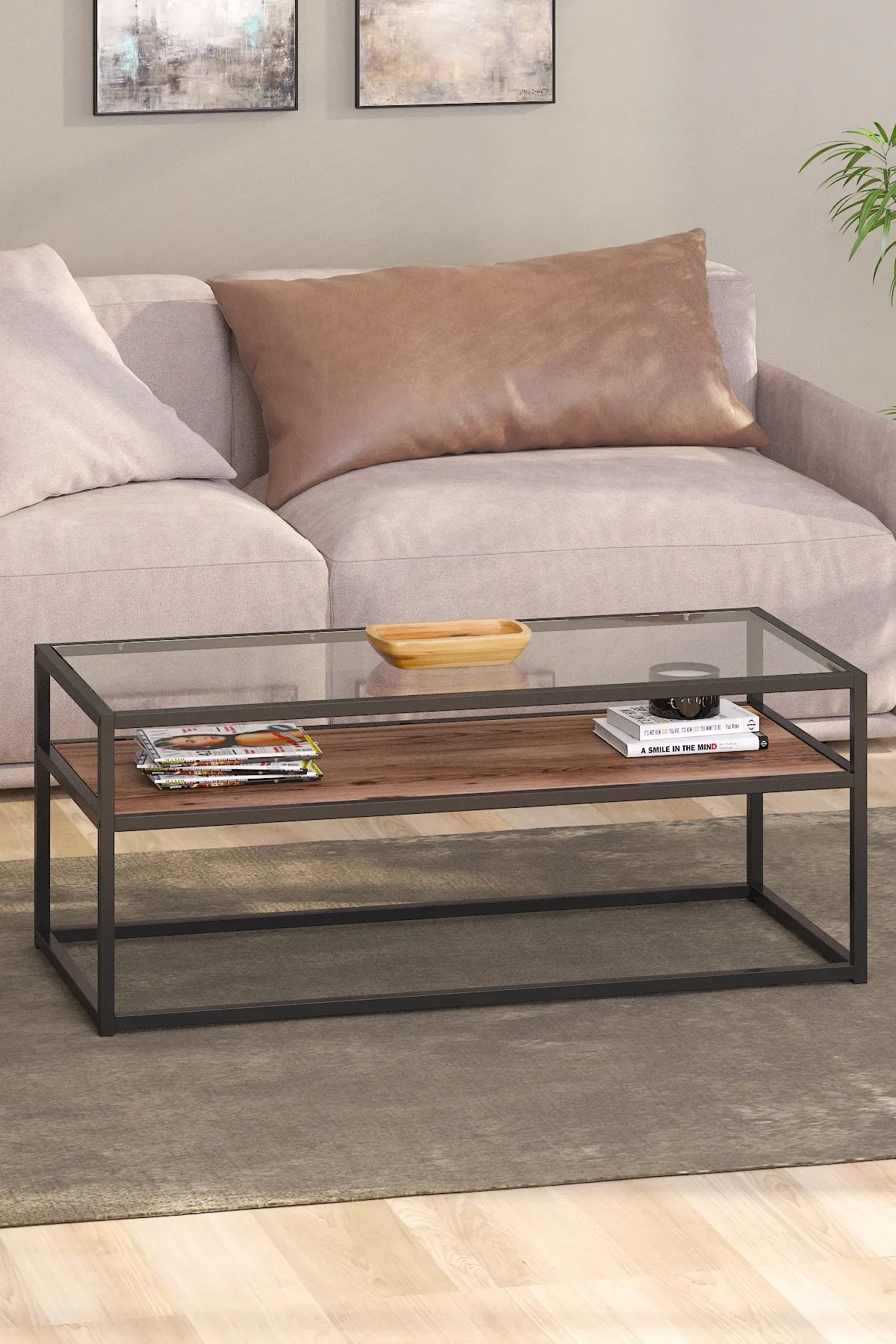 Modern Metal Iskeletli Temper Camlı 2 Katlı Dikdörtgen Orta Sehpa Ceviz-siyah-şeffaf