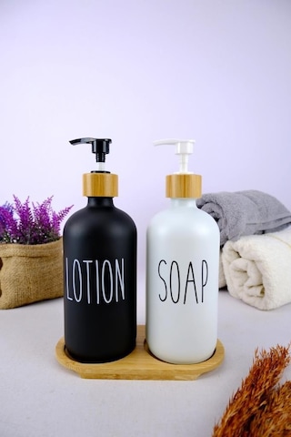 Digithome 2 Li Ahşap Standlı Cam Sıvı Sabun Ve Losyon Şişesi Sabunluk 500 Ml - E/6 C1-1-289