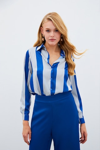 Sateen Çizgi Desenli Gömlek - Saks Mavisi-134967 Saks Mavisi Saks