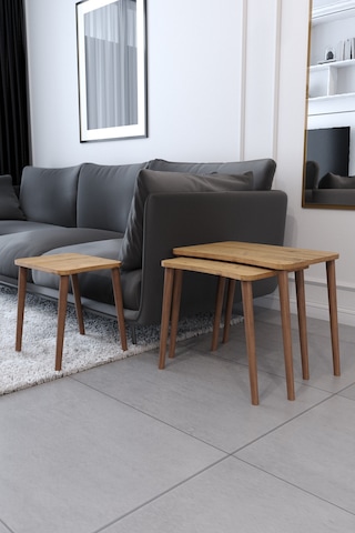 Zigon Sehpa & Yan Sehpa 3'lü Ahşap Ayaklı Salon Seti Sehpa - Çam