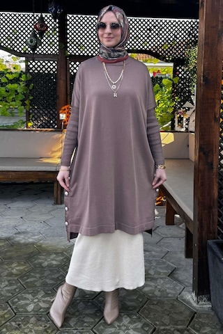 Rabia Şamlı Sevda Triko Tunik Sütlü Kahve Çok Renkli