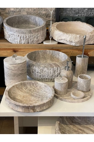 Yeni Silver Gümüş Traverten 9'lu Lavabo Ve Kaseli Banyo Takımı Beyaz