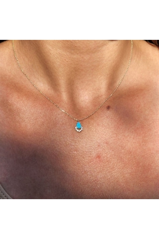 0,50Ct Turkuaz (Firuze) 0,25 Pırlanta Damla Ay Kolye-Doğal Taşlı-Sarı