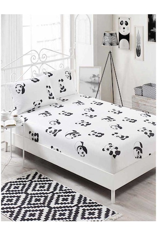 Eponj Home Pes Lastikli Çarşaf Seti Çift Kişilik B-W Panda