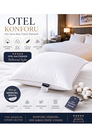 Viscolog Otel Konforu Rahat Mikrojel Yastık %100 Pamuk Kumaş 900 Gr Dolgu Hipoalerjenik Nefes Alan 50x70 Cm Tela Çantalı Beyaz