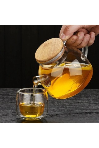 Hitfoni Bambu Kapaklı Isıya Dayanıklı Cam Demlik 1000 ML