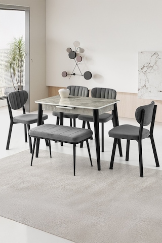 Mini 60 X 100 Milano Mdf Ortadan Açılır Masa 4 Ad Esinti Sandalye 1 Ad Sırtsız Mini Bench