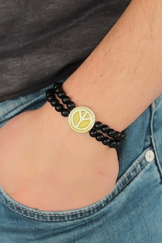 Sarı Metal Barış Simgesi Tasarımlı Siyah Renk Mat Oniks Doğal Taş Erkek Bileklik Çok Renkli