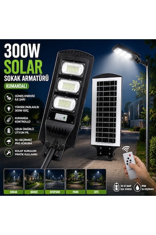 Solar Sokak Lambası 300w 6500k Sensörlü Kumandalı