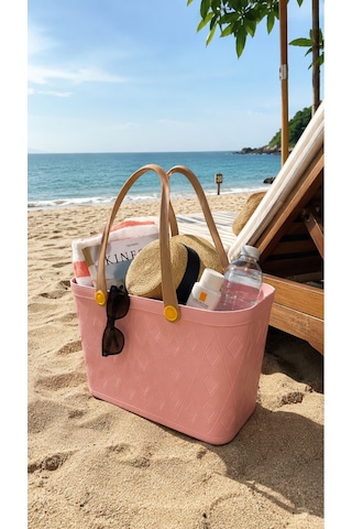 Deri Görünümlü Çok Amaçlı Kulplu Plastik Organizer Sepet El Çantası Plaj Çantası, Piknik Sepeti, Dekoratif Sepet Pembe
