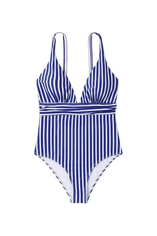 Yaz Monokini V Yaka Askılı Sırtı Açık Tek Parça Bikini Çizgili Baskılı Hızlı Kuruyan Slim Fit Vücut Şekillendirici Monokini Koyu Mavi