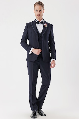 İmza Koyu Lacivert Desenli Armürlü Çıkarılabilir Mono Yaka Yelekli 6 Drop Slim Fit Smokin Damatlık Takım 1001230202-Koyu Lacivert