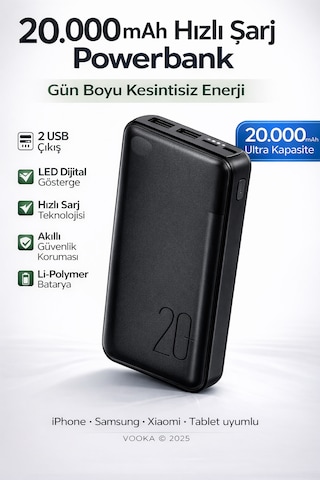 20.000 Mah Powerbank Hızlı Şarj Led Göstergeli Çift Usb Type-c Girişli Taşınabilir Şarj Cihazı Siyah