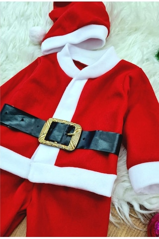 Royaleks Erkek Çocuk Noel Baba Yılbaşı Kostümü Şapkalı Kemerli Bebek Kostümü Kırmızı