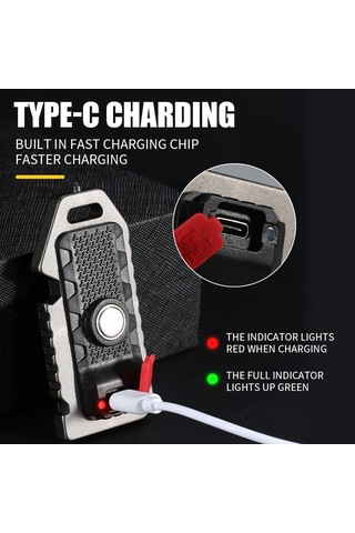 Jeemson Siyah Mini Led El Feneri Anahtarlık - 5 Seviye Aydınlatma, İshık, Piskopu, Cam Kırıcı, Şişe Açıcı, Type-c Şarjlı Alüminyum Siyah