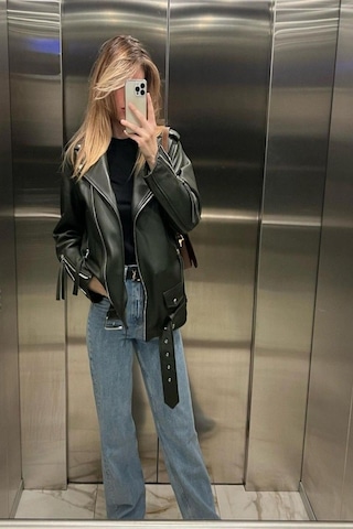 Prifaldi Oversize Uzun Kadın Deri Ceket Siyah