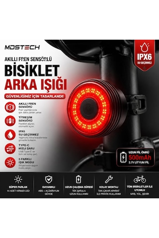 Akıllı Fren Sensörlü Bisiklet Arka Lambası Çok Renkli