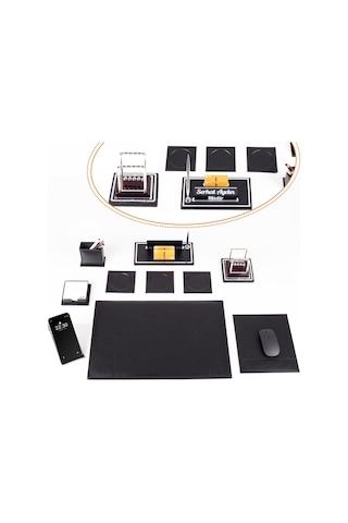 Opta 10 Parça Denge Topu Biblolu Siyah Deri Sümen Seti Takımı Gümüş Ofis Masa İsimliği Lüks İsimlik