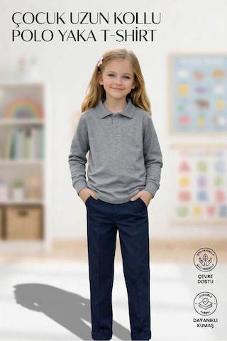 Erdem Kıds Unisex Kız Erkek Çocuk Polo Yaka Pamuklu Uzun Kol Gri Günlük Basic Okul Tişört Gri Gri