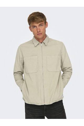 Only & Sons Erkek Relaxed Fit Fermuarlı Bej Kadife Ceket - 22029769