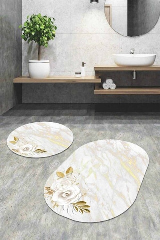 Krem Çiçek Desen Banyo Halısı Klozet Oval Paspas Seti Bs061n11