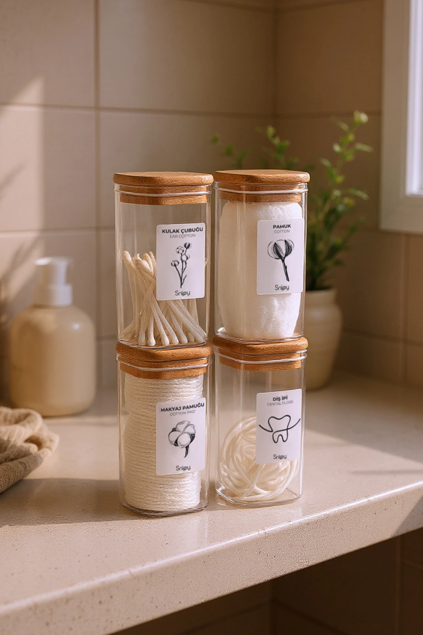 Luvo - 4'lü Kare Ahşap Vakum Kapaklı Banyo Organizeri Plastik Banyo Seti Etiketli Düzenleyici 350 Ml Ahşap