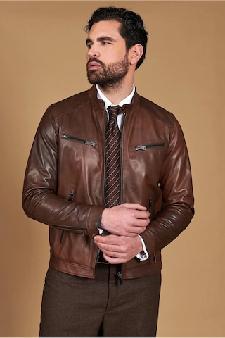 M M Marki Marki Erkek Hakiki Deri Ceket Bisiklet Yaka, 6 Cepli, Astarlı, 67 Cm, Baharlık - 505422 Kahverengi