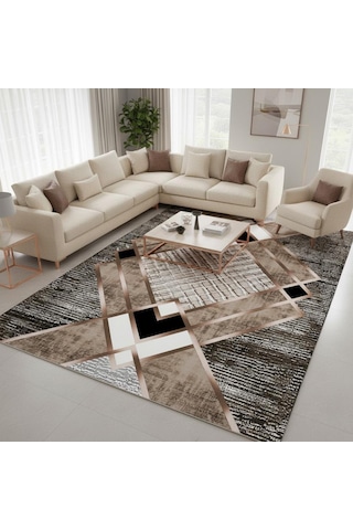 Krem Ve Bakır Renklerde Modern Geometrik Desenli Dijital Baskılı Halı Kaymaz Tabanlı, Üçgen Ve
