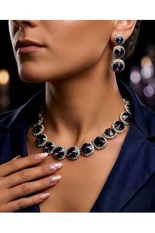 Riviere Kristal Taşlı Çiçek Model Mor Renkli Kolye Küpe Set