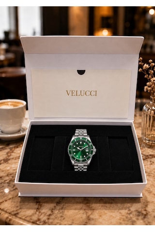 Velucci Aygök Çelik Kordon Erkek Kol Saati Yeşil Kadran Döner Bezel Dalış Analog Gümüş