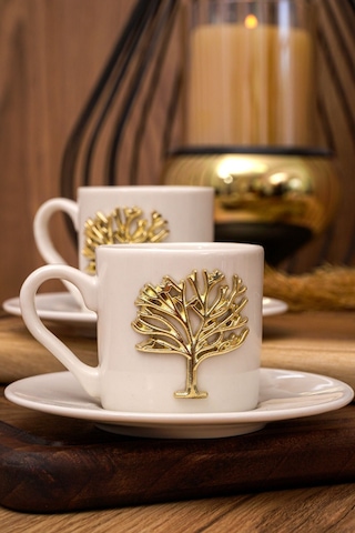 Heda Porselen Hayat Ağacı Altın Kabartma Motif 2 Kişilik Kahve Fincan Takımı