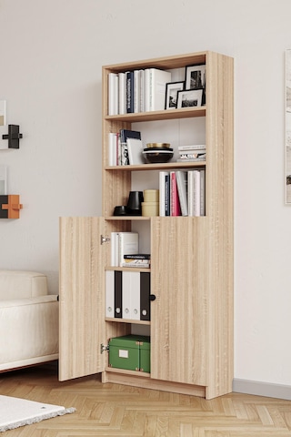 Bili Kitaplık 5 Raflı 2 Kapaklı Çok Amaçlı Ofis Salon Kitap Dosya Rafı Meşe Meşe