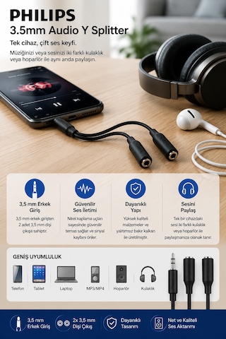 Philips Swa2151w/10 3.5mm Kulaklık Çoklayıcı Y Splitter Adaptör 1 Erkek - 2 Dişi Ses Dönüştürücü