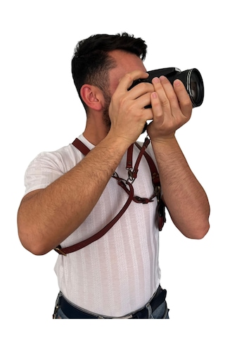 Hakiki Deri El Yapımı Kızıl Kahve Fotoğraf Makinesi Askısı - Smallrig 1/4 Vida Bağlantılı Kahverengi