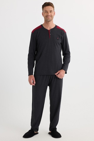 Tudors Erkek Regular Fit Pamuklu Düğmeli Yaka Beli Lastikli Desenli Gri Pijama Takımı-37803 Gri