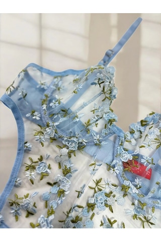 Arona Kadın Çiçek Desenli Transparan Vücuda Oturan Mavi Bodysuit - 123 Mavi