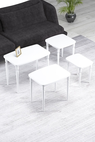 Imaj Mdf Ve Lake Boya, Beyaz 4lü Zigon Sehpa Takımı, Beyaz Gürgen Ayaklar Sehpalar Beyaz Ayaklar Beyaz