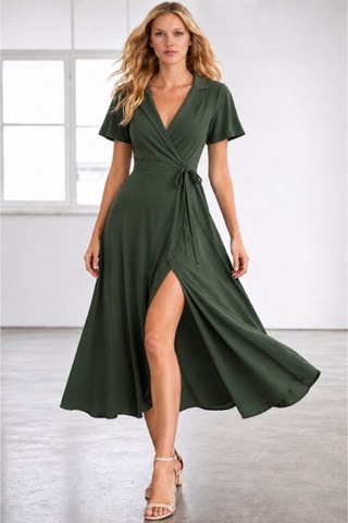 Butik İstanbul Kadın Kısa Kollu Kruvaze Yakalı Belden Kuşaklı Yırtmaçlı Midi Viskon Elbise Zümrüt