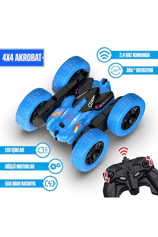 Oyuncak Uzaktan Kumandalı 4 Teker Akrobat Araba 360 Rotasyon Şarjlı Led Işıklı Mavi