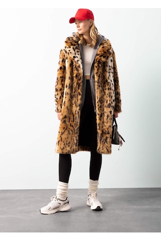 DeFacto Relax Fit Leopar Desenli Ceket Yaka Cepli Uzun Suni Kürk Kaban D4005AX24WNBN561 Kahve