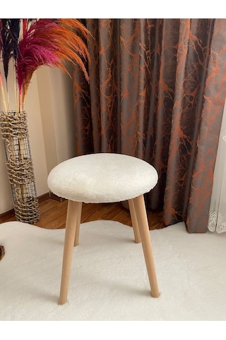Ahşap Ayak Dekoratif Peluş Puf Tabure Beyaz