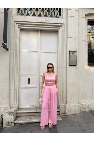 Bonacosa Kadın Viskon 3 Lü Takım Kimono + Beli Lastikli Salaş Pantolon + Crop 8 Renk Pembe