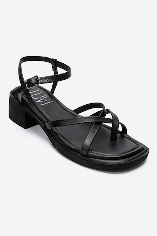 Luvi Shoes Cırelle Siyah Hakiki Deri Parmak Arası Kadın Kalın Topuklu Sandalet