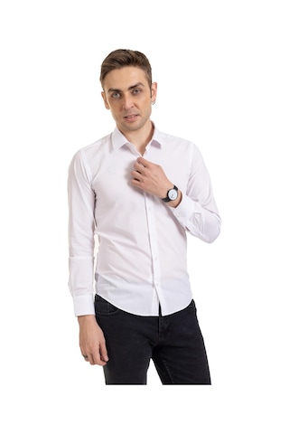 Erkek Slim Fit Dakron Yüksek Kalite Tam Kalıp Düğmeli Gömlek 2325 - Beyaz Siyah