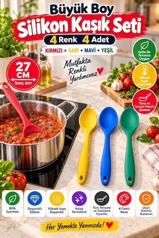 4'lü Set Kırmızı Sarı Mavi Yeşil, Büyük Boy Silikon Kaşık Seti 27 Cm, Yemek Pişirme Ve Servis Kaşığı