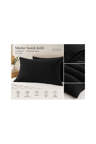 2 Kat Müslin Yastık Kılıfı 50x70 Cm Kapaklı Model %100 Pamuk Siyah Siyah