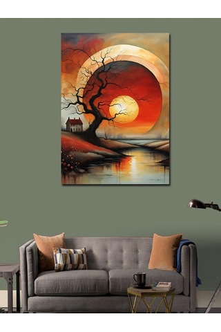 Kanvas Tablo Güneş Agaç Ve Ev Manzara 50cmx70cm