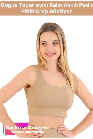 Fantazer Premium Göğüs Toparlayıcı Sarkma Önleyen Spor Günlük Kalın Askılı Pedli Fitilli Crop Büstiyer Vizon